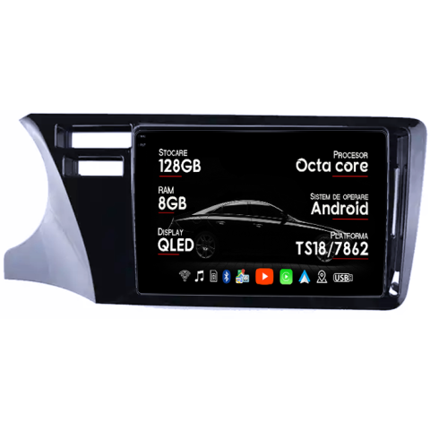 Navigatii Dedicate - Navigatie dedicata Honda City 2014, 8GB RAM 128GB ROM, Octacore, Platforma TS18, Android 13, Display QLED 9”, Suporta camera 360º, DSP, Carplay&Android Auto, SIM 4G, Ventilator Activ