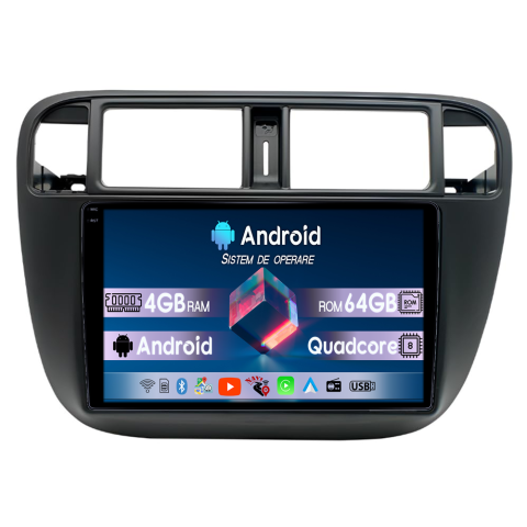 Civic 1995-2001 - Navigatie dedicata Honda Civic 1995-2001, 4GB RAM 64GB ROM, Quadcore, Android 14, Display QLED  9", DSP, Carplay&Android Auto, Suport camere AHD