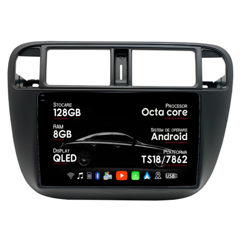 Civic 1995-2001 - Navigatie dedicata Honda Civic 1995-2001, 8GB RAM 128GB ROM, Octacore, Platforma TS18, Android 14, Display QLED 9", Suporta camera 360", DSP, Carplay&AndroidAuto