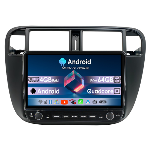 Civic 1995-2001 - Navigatie dedicata Honda Civic 1995-2001 Tesla Cu Butoane Rotative Model 2024, 4GB RAM 64GB ROM, Procesor Quadcore, Android 14, Display QLED 10", DSP, Carplay&Android