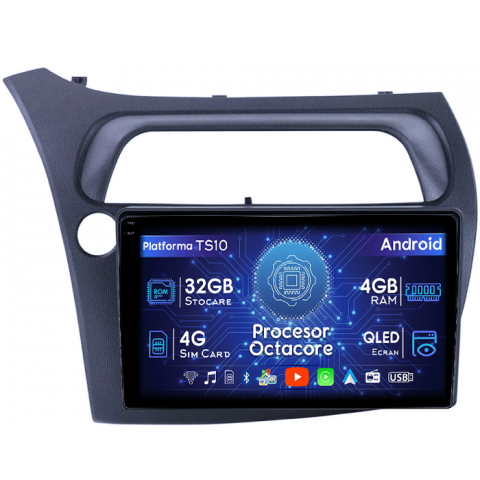 Honda - Navigatie dedicata Honda Civic 2005-2011, 4GB RAM 32GB ROM, Octacore, Android 14, Display QLED 1K 9", DSP, Carplay&Android Auto, SIM 4G, Bluetooth, Ventilator Activ