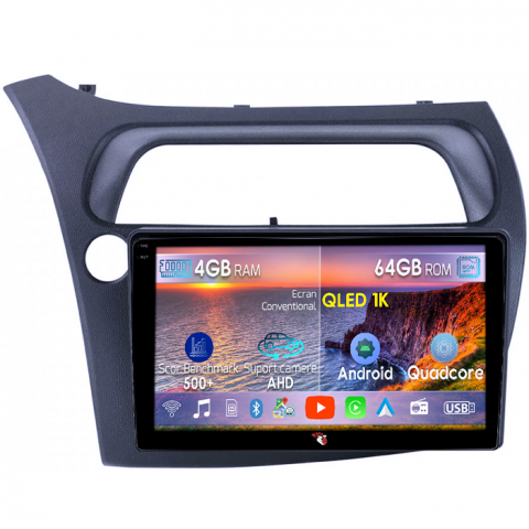 Honda - Navigatie dedicata Honda Civic 2005-2011, 4GB RAM 64GB ROM, Octacore, Android 14, Display QLED 1K 9", Carplay&Android Auto, SIM 4G, Ventilator Activ