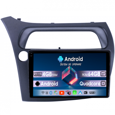 Honda - Navigatie dedicata Honda Civic 2005-2011, 4GB RAM 64GB ROM, Quadcore, Android 14, Display QLED 1K 9", DSP, Carplay&Android Auto, Suport camere AHD