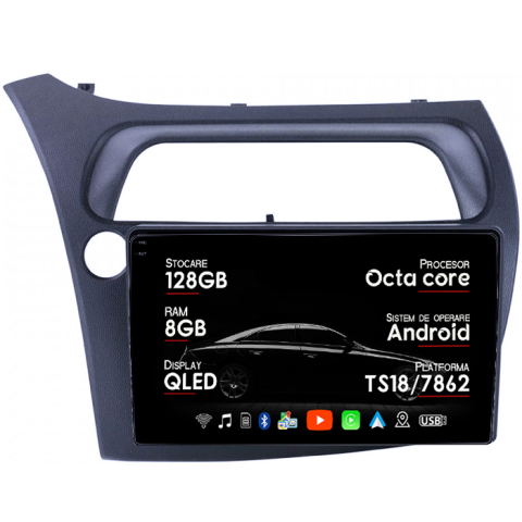 Navigatii Dedicate - Navigatie dedicata Honda Civic 2005-2011, 8GB RAM 128GB ROM, Octacore, Platforma TS18, Android 13, Display QLED 9”, Suporta camera 360º, DSP, Carplay&Android Auto, SIM 4G, Ventilator Activ