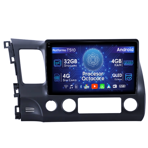 Honda - Navigatie dedicata Honda Civic 2006-2011, 4GB RAM 32GB ROM, Octacore, Android 14, Display QLED 1K 10", DSP, Carplay&Android Auto, SIM 4G, Bluetooth, Ventilator Activ