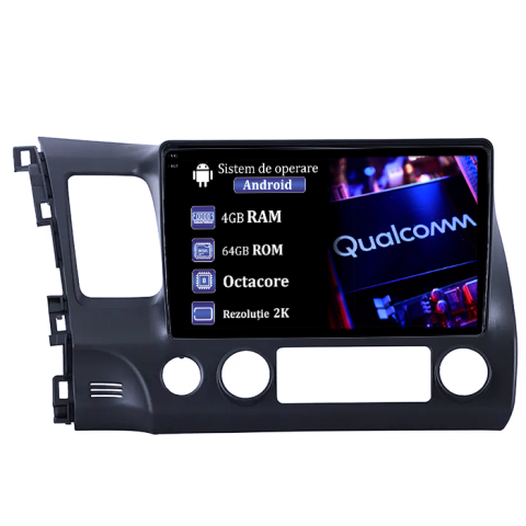 Navigatii Dedicate - Navigatie dedicata Honda Civic 2006-2011, 4GB RAM 64GB ROM, Procesor Qualcomm Octacore, Android 14, Rezolutie 2K, Display QLED 10", DSP, Carplay&Android Auto, SIM 4G