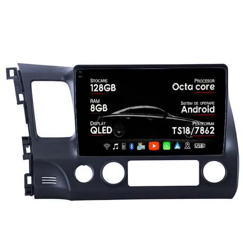 Civic 2006-2011 - Navigatie dedicata Honda Civic 2006-2011, 8GB RAM 128GB ROM, Octacore, Platforma TS18, Android 13, Display QLED 10”, Suporta camera 360º, DSP, Carplay&Android Auto, SIM 4G, Ventilator Activ