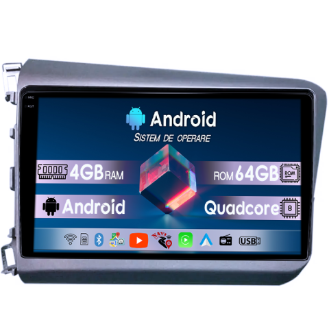 Civic (2011-2015) - Navigatie dedicata Honda Civic 2011-2015, 4GB RAM 32GB ROM, Octacore, Android 14, Display QLED 9", DSP, Carplay&Android Auto, SIM 4G, Bluetooth, Ventilator Activ