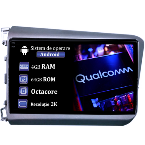 Civic (2011-2015) - Navigatie dedicata Honda Civic 2011-2015, 4GB RAM 64GB ROM, Procesor Qualcomm Octacore, Android 14, Rezolutie 2K, Display QLED 9", DSP, Carplay&Android Auto, SIM 4G