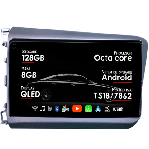 Navigatii Dedicate - Navigatie dedicata Honda Civic 2011-2015, 8GB RAM 128GB ROM, Octacore, Platforma TS18, Android 13, Display QLED 9”, Suporta camera 360º, DSP, Carplay&Android Auto, SIM 4G, Ventilator Activ