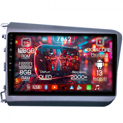 Honda - Navigatie dedicata Honda Civic ( 2011 - 2015 ), 8GB RAM 128GB ROM, Octacore, Platforma 7862,Android 13, Display QLED 9”, Suporta camera 360º, DSP, Carplay&Android Auto, SIM 4G, Ventilator Activ