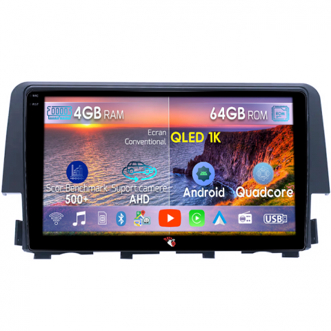 Civic (2016+) - Navigatie dedicata Honda Civic 2016-2020, 4GB RAM 64GB ROM, Octacore, Android 14, Display QLED 1K 9", Carplay&Android Auto, SIM 4G, Ventilator Activ