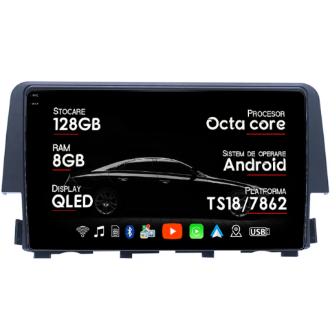 Navigatii Dedicate - Navigatie dedicata Honda Civic ( 2016 - 2020 ), 8GB RAM 128GB ROM, Octacore, Platforma TS18, Android 13, Display QLED 9”, Suporta camera 360º, DSP, Carplay&Android Auto, SIM 4G, Ventilator Activ
