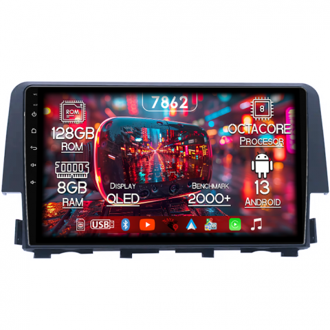 Honda - Navigatie dedicata Honda Civic ( 2016 - 2020 ), 8GB RAM 128GB ROM, Octacore, Platforma 7862,Android 13, Display QLED 9”, Suporta camera 360º, DSP, Carplay&Android Auto, SIM 4G, Ventilator Activ