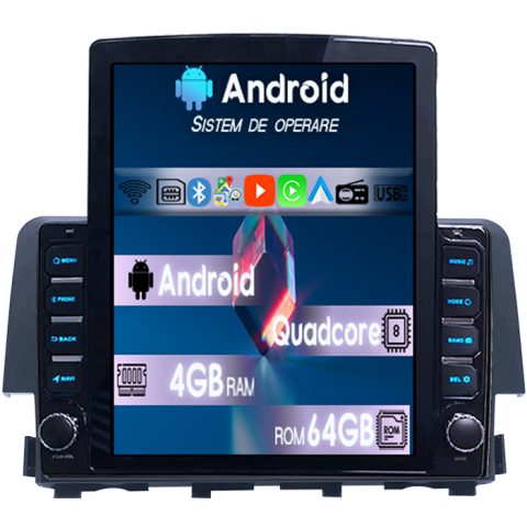 Navigatii Dedicate - Navigatie dedicata Honda Civic (2016+) Tesla Style, 4GB RAM 64GB ROM, Procesor Quadcore, Android 14, Display QLED 10", DSP, Carplay&Android Auto                    