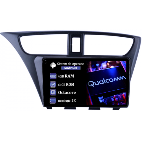 Civic (2011-2015) - Navigatie dedicata Honda Civic IX Hatchback 2011-2015, 4GB RAM 64GB ROM, Procesor Qualcomm Octacore, Android 14, Rezolutie 2K, Display QLED 9", DSP, Carplay&Android Auto, SIM 4G