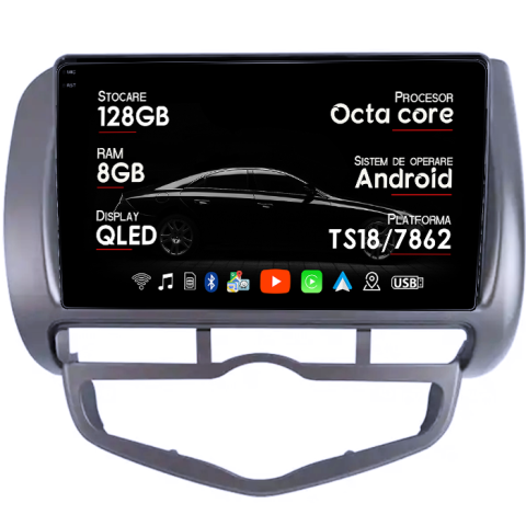 Jazz City 2002-2007 - Navigatie dedicata Honda Jazz/City 2006, 8GB RAM 128GB ROM, Octacore, Platforma TS18, Android 13, Display QLED 9”, Suporta camera 360º, DSP, Carplay&Android Auto, SIM 4G, Ventilator Activ