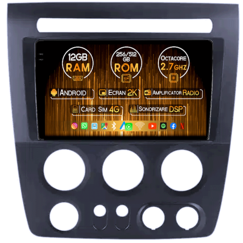 Hummer - Navigatie dedicata Hummer H3 2005-2010, 12GB RAM 256GB ROM, Android 13, Rezolutie 2K, Display QLED 9", DSP, Carplay&Android Auto, SIM 4G, Ventilator Activ, Suport Came