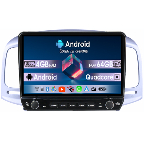 Navigatii Dedicate - Navigatie dedicata Hyundai ACCENT 2006-2011 Tesla cu butoane rotative model 2024, 4GB RAM 64GB ROM, Procesor Quadcore, Android 14, Display QLED 10", DSP, Carplay&Android Auto