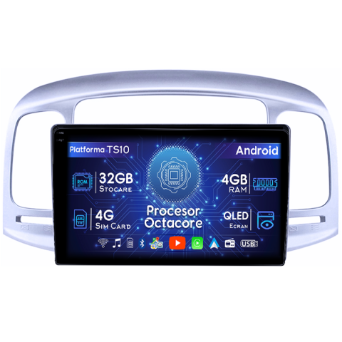 Hyundai - Navigatie dedicata Hyundai Accent 2006-2011, 4GB RAM 32GB ROM, Octacore, Android 14, Display QLED 1K 9", DSP, Carplay&Android Auto, SIM 4G, Bluetooth, Ventilator Activ