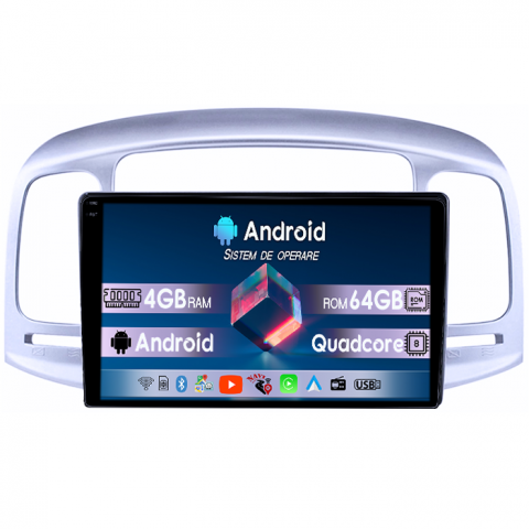 Hyundai - Navigatie dedicata Hyundai Accent 2006-2011, 4GB RAM 64GB ROM, Quad Core, Display 9" QLED 1K, Carplay, Android 14, Bluetooth, Magazin Play, Suport Camere AHD
