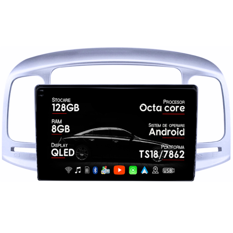 ACCENT 2006-2011 - Navigatie dedicata Hyundai Accent 2006-2011, 8GB RAM 128GB ROM, Octacore, Platforma TS18, Android 14, Display QLED 9â, Suporta camera 360Âş, DSP, Carplay&Android Auto, SIM 4G, Ventilator Activ