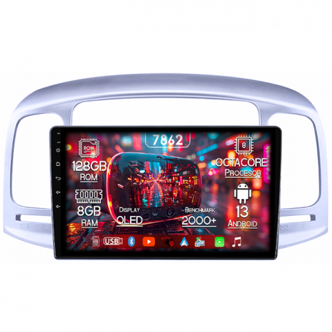 Hyundai - Navigatie dedicata Hyundai Accent 2006-2011, 8GB RAM 128GB ROM, Octacore, Platforma 7862,Android 13, Display QLED 9”, Suporta camera 360º, DSP, Carplay&Android Auto, SIM 4G, Ventilator Activ