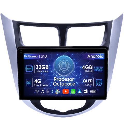 Hyundai - Navigatie dedicata Hyundai Accent 2010-2016, 4GB RAM 32GB ROM, Octacore, Android 14, Display QLED 1K 9", DSP, Carplay&Android Auto, SIM 4G, Bluetooth, Ventilator Activ