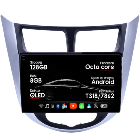 Navigatii Dedicate - Navigatie dedicata Hyundai Accent 2010-2016, 8GB RAM 128GB ROM, Octacore, Platforma 7862, Android 14, Display QLED 9", Suporta camera 360", DSP, Carplay&Android Auto, SIM 4G, Ventilator Activ