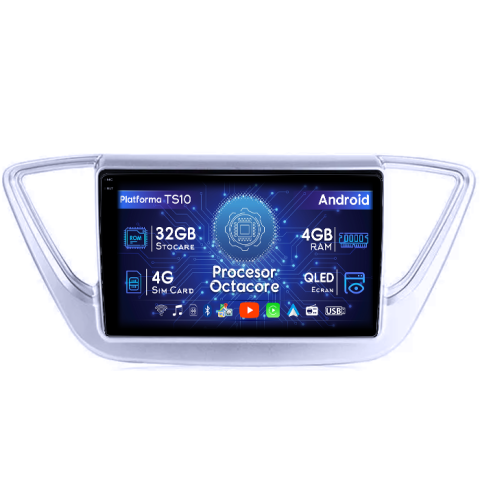 Hyundai - Navigatie dedicata Hyundai Accent 2017-2018, 4GB RAM 32GB ROM, Octacore, Android 14, Display QLED 1K 9", DSP, Carplay&Android Auto, SIM 4G, Bluetooth, Ventilator Activ