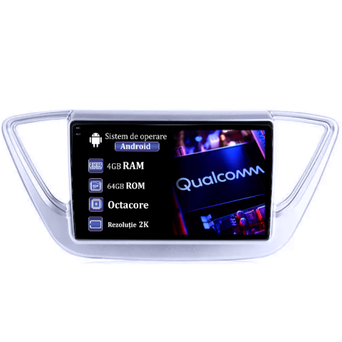 Accent 2017-2018 - Navigatie dedicata Hyundai Accent 2017-2018, 4GB RAM 64GB ROM, Procesor Qualcomm Octacore, Android 14, Rezolutie 2K, Display QLED 9", DSP, Carplay&Android Auto, SIM 4G