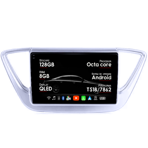 Navigatii Dedicate - Navigatie dedicata Hyundai Accent 2017-2018, 8GB RAM 128GB ROM, Octacore, Platforma 7862, Android 14, Display QLED 9", Suporta camera 360", DSP, Carplay&Android Auto, SIM 4G, Ventilator Activ