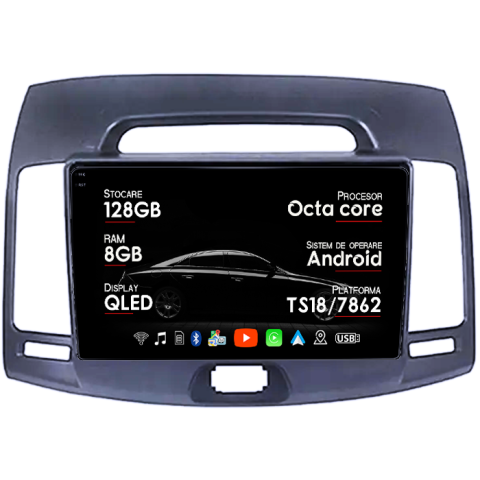 Navigatii Dedicate - Navigatie dedicata Hyundai Elantra 2006-2011, 8GB RAM 128GB ROM, Octacore, Platforma TS18, Android 13, Display QLED 9”, Suporta camera 360º, DSP, Carplay&Android Auto, SIM 4G, Ventilator Activ