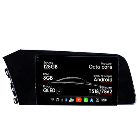 Elantra - Navigatie dedicata Hyundai Elantra 2021, 8GB RAM 128GB ROM, Octacore, Platforma TS18, Android 13, Display QLED 9”, Suporta camera 360º, DSP, Carplay&Android Auto, SIM 4G, Ventilator Activ