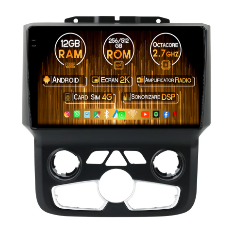 RAM 2018 - Navigatie dedicata Dodge Ram 2013-2019 Clima, 12GB RAM 256GB ROM, Android 14, Rezolutie 2K, Display QLED, 9", DSP, Carplay, Android Auto, Internet, Youtube, Waze, Wi Fi, USB