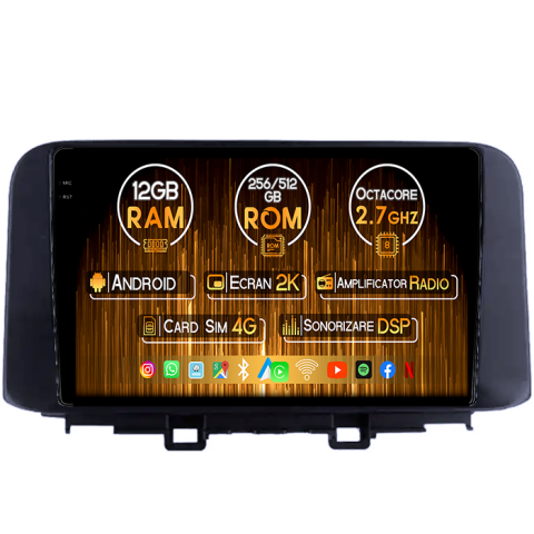 Kona 2018-2020 - Navigatie dedicata Hyundai Kona 2018-2020, 12GB RAM 256GB ROM, Android 14, Rezolutie 2K, Display QLED, 9", DSP, Carplay, Android Auto, Internet, Youtube, Waze, Wi Fi, USB