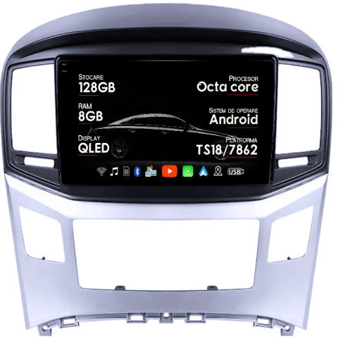 Navigatii Dedicate - Navigatie dedicata Hyundai H1 2017-2018, 8GB RAM 128GB ROM, Octacore, Platforma TS18, Android 14, Display QLED 9", Suporta camera 360", DSP, Carplay&Android Auto, SIM 4G, Ventilator Activ