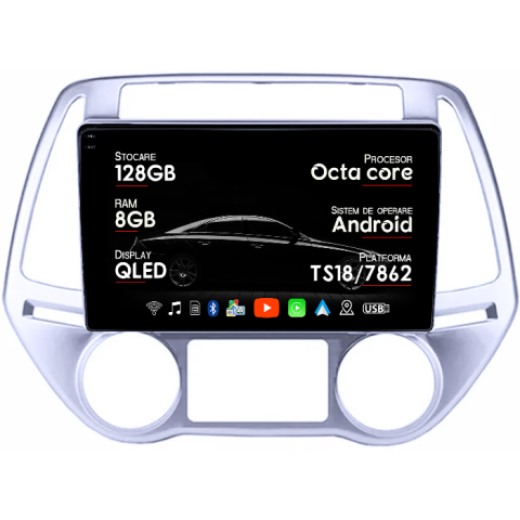 I20 2012-2014 - Navigatie dedicata Hyundai I20 2012-2014, 8GB RAM 128GB ROM, Octacore, Platforma TS18, Android 13, Display QLED 10”, Suporta camera 360º, DSP, Carplay&Android Auto, SIM 4G, Ventilator Activ