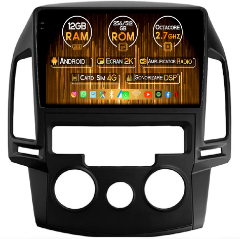 I30 2007-2012 - Navigatie dedicata Hyundai i30 2007-2012, clima manuala, 12GB RAM 256GB ROM, Android 13, Rezolutie 2K, Display QLED, 9", DSP, Carplay, Android Auto, Internet, Youtube, Waze, Wi Fi, USB
