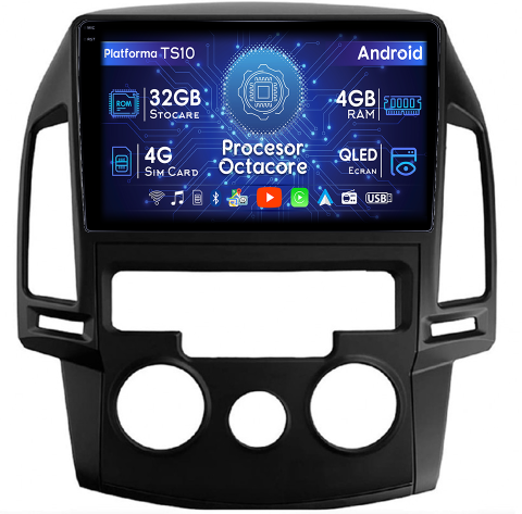 I30 2007-2012 - Navigatie dedicata Hyundai i30 2007-2012, clima manuala, 4GB RAM 32GB ROM, Octacore, Android 14, Display QLED 1K 9", DSP, Carplay&Android Auto, SIM 4G, Bluetooth, Ventilator Activ