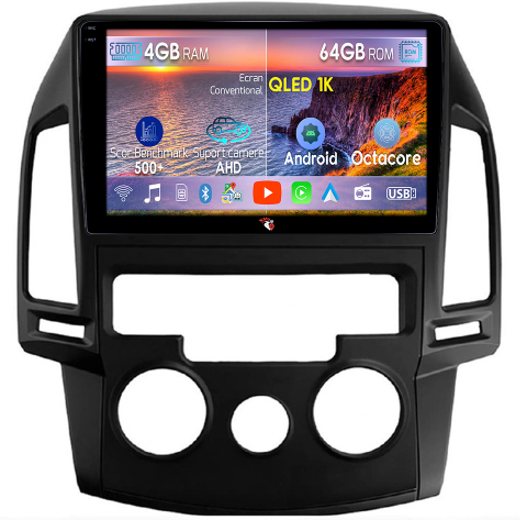 I30 2007-2012 - Navigatie dedicata Hyundai i30 2007-2012, clima manuala, 4GB RAM 64GB ROM, Octacore, Android 14, Display QLED 1K 9", Carplay&Android Auto, SIM 4G, Ventilator Activ