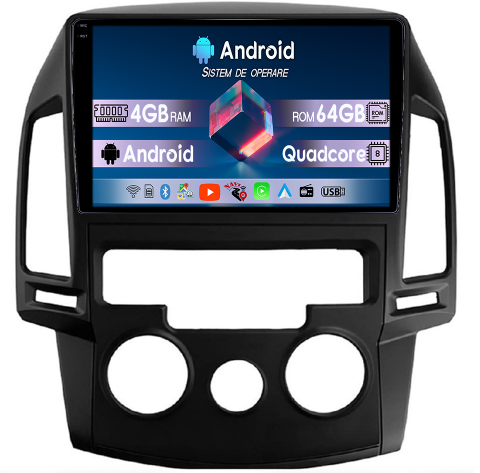 I30 2007-2012 - Navigatie dedicata Hyundai i30 2007-2012, clima manuala,, 4GB RAM 64GB ROM, Quad Core, Display 9" QLED 1K, Carplay, Android 14, Bluetooth, Magazin Play, Suport Camere AHD
