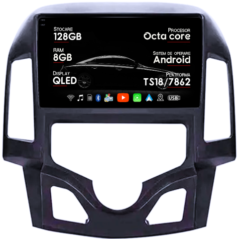 Navigatii Dedicate - Navigatie dedicata Hyundai i30 2007-2012, 8GB RAM 128GB ROM, Octacore, Platforma TS18, Android 13, Display QLED 9”, Suporta camera 360º, DSP, Carplay&Android Auto, SIM 4G, Ventilator Activ