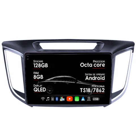 Navigatii Dedicate - Navigatie dedicata Hyundai IX25/Creta, 8GB RAM 128GB ROM, Octacore, Platforma 7862, Android 14, Display QLED 9", Suporta camera 360", DSP, Carplay&Android Auto, SIM 4G, Ventilator Activ