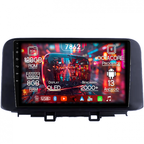 Hyundai - Navigatie dedicata Hyundai Kona 2018-2020, 8GB RAM 128GB ROM, Octacore, Platforma 7862,Android 13, Display QLED 10”, Suporta camera 360º, DSP, Carplay&Android Auto, SIM 4G, Ventilator Activ