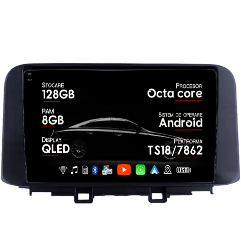 Kona 2018-2020 - Navigatie dedicata Hyundai Kona 2018-2020, 8GB RAM 128GB ROM, Octacore, Platforma TS18, Android 13, Display QLED 10”, Suporta camera 360º, DSP, Carplay&Android Auto, SIM 4G, Ventilator Activ