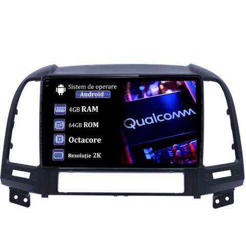 Hyundai Santa Fe 2000-2012 - Navigatie dedicata Hyundai Santa Fe 2005-2012, 4GB RAM 64GB ROM, Procesor Qualcomm Octacore, Android 14, Rezolutie 2K, Display QLED 9", DSP, Carplay&Android Auto, SIM 4G