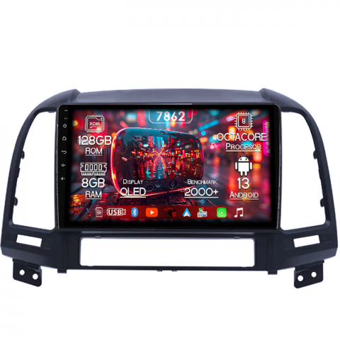 Hyundai - Navigatie dedicata Hyundai Santa Fe 2005-2012, 8GB RAM 128GB ROM, Octacore, Platforma 7862,Android 13, Display QLED 9”, Suporta camera 360º, DSP, Carplay&Android Auto, SIM 4G, Ventilator Activ