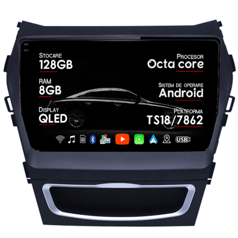 Navigatii Dedicate - Navigatie dedicata Hyundai Santa Fe IX45 2012-2017, 8GB RAM 128GB ROM, Octacore, Platforma 7862, Android 14, Display QLED 9", Suporta camera 360", DSP, Carplay&Android Auto, SIM 4G, Ventilator Acti