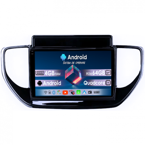 Hyundai - Navigatie dedicata Hyundai Solaris 2 2020-2021, 4GB RAM 64GB ROM, Quad Core, Display 9" QLED 1K, Carplay, Android 14, Bluetooth, Magazin Play, Suport Camere AHD